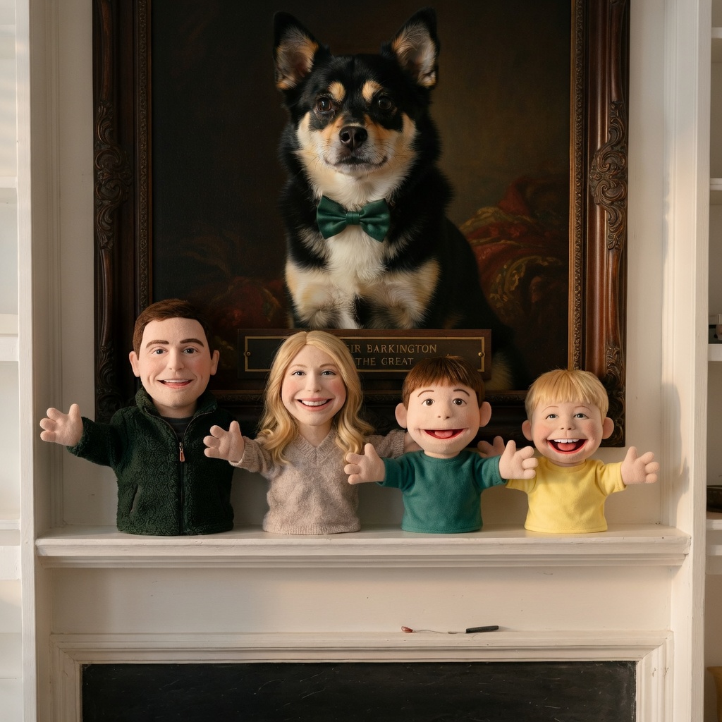Four hand-puppet family members with arms raised in front of a regal oil painting of a bow-tied dog.
